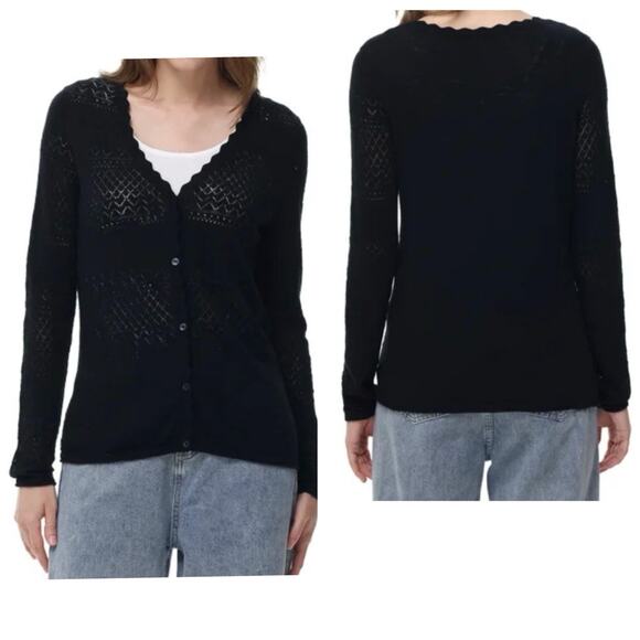 Frye Black Cotton Open Knit Cardigan Scalloped Edge Button Front XXL - Picture 10 of 10